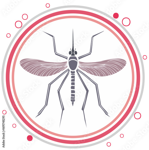 Stylized illustration of a mosquito inside a red and pink circular frame, vector art.