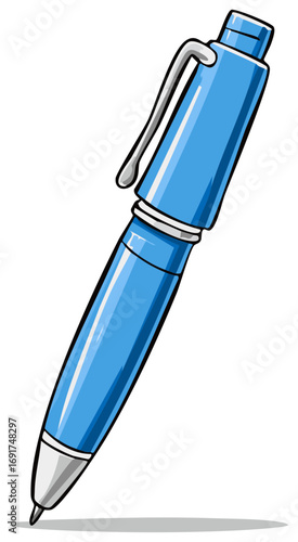 Illustration of a Blue Pen with Silver Clip, Used for Writing and Drawing, School and Office Supply