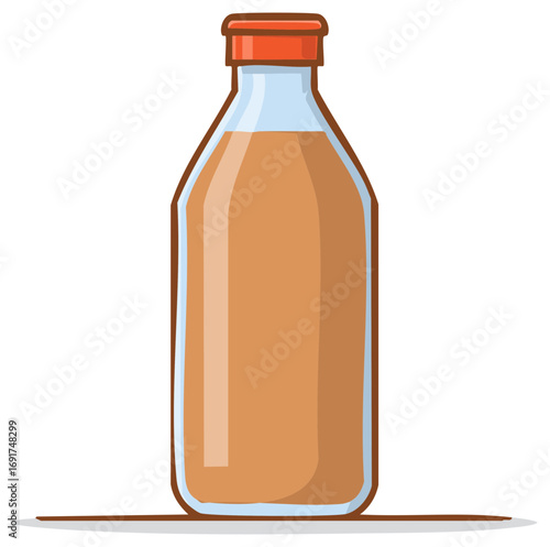 Cartoon illustration of a bottle with orange contents and red cap