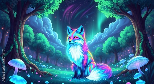 A whimsical illustration of a vividly colored fox in a glowing fantastical woodland setting at night underneath the