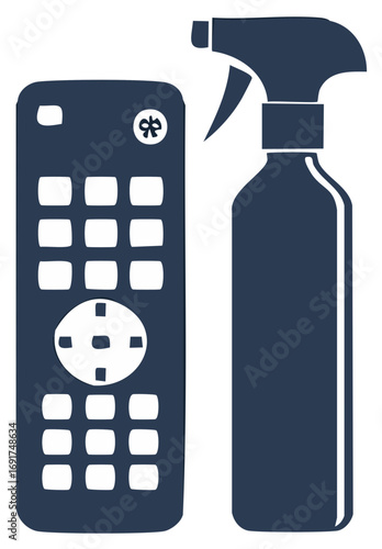 Remote Control and Spray Bottle Dark Blue Silhouette Vector Illustration