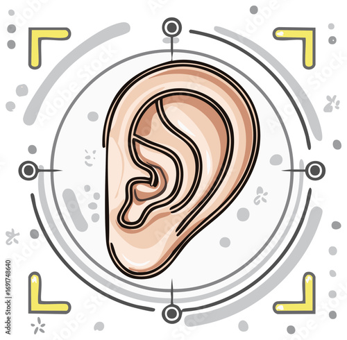 Stylized human ear design inside geometric abstract illustration, hearing concept