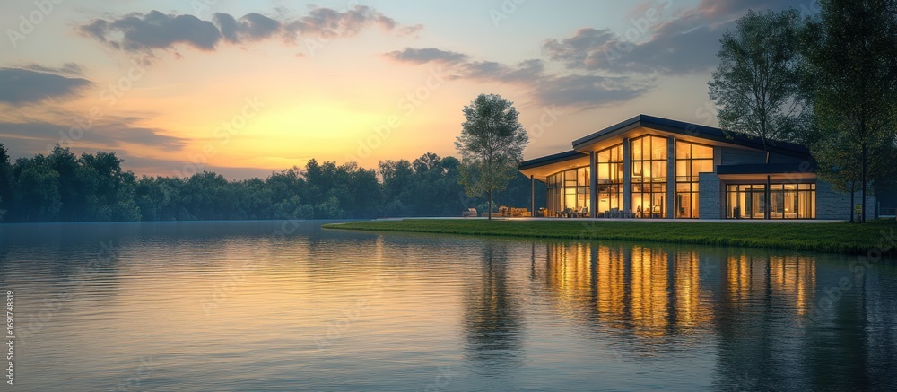 Obraz premium Lakeside Modern House Sunset Reflection Stock Photo