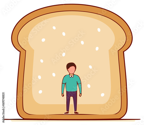 Conceptual cartoon of a man trapped inside a slice of bread, representing confinement, limitations, and feeling stuck