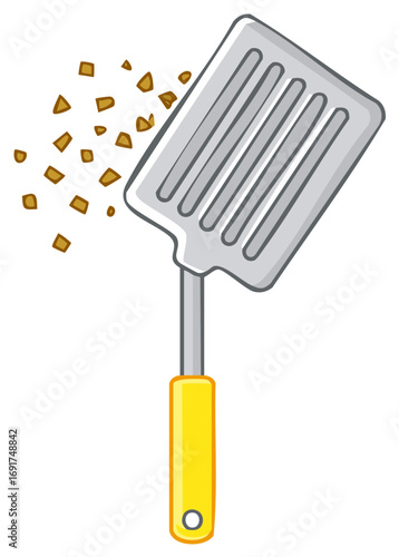Slotted spatula tossing golden food bits kitchen utensil cooking tool cartoon illustration
