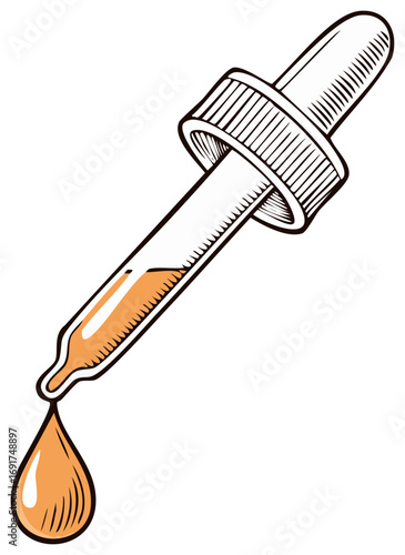 A glass medicine dropper dispenses an orange drop of serum or oil in a vintage engraving style illustration
