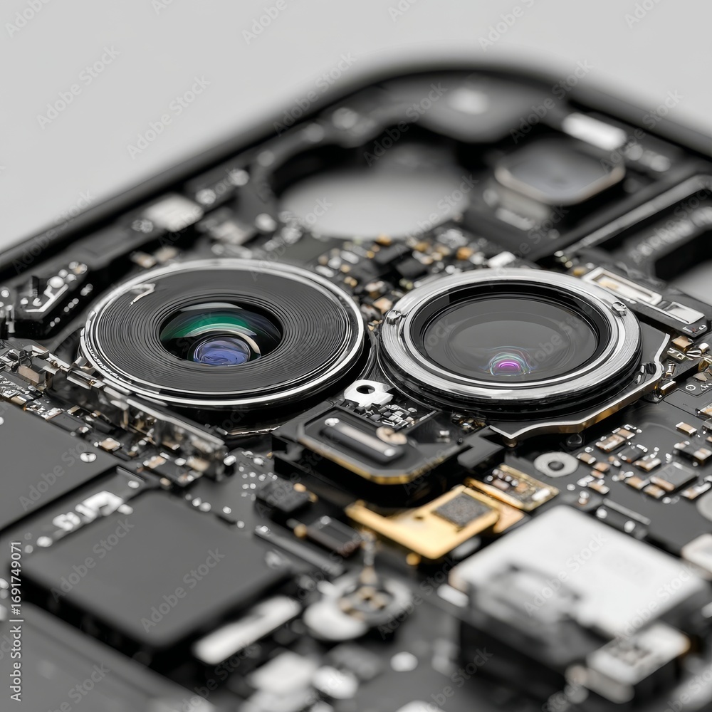 Fototapeta premium Close-Up View of Smartphone Camera Module and Internal Components