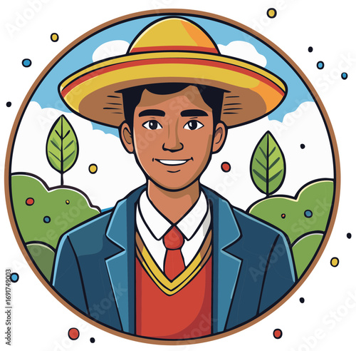 Smiling person wearing sombrero with landscape in a circular cartoon illustration.