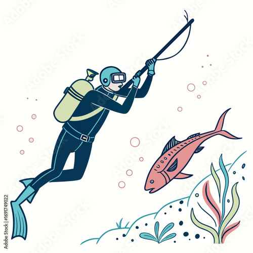 Diver spearfishing a fish underwater with coral and bubbles Keywords: underwater, spearfishing, diver