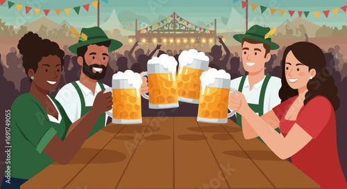 A festive flat design illustration of a diverse group of friends clinking beer steins in a bustling Oktoberfest beer garden, celebrating together.
