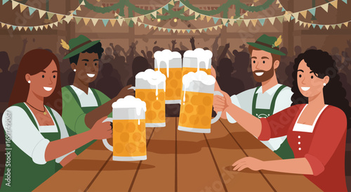 A festive flat design illustration of a diverse group of friends clinking beer steins in a bustling Oktoberfest beer garden, celebrating together.