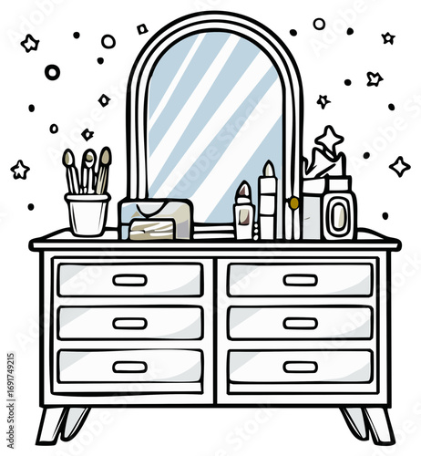 Cartoon dresser with mirror, makeup brushes, cosmetic bottles, and star decorations in black and white