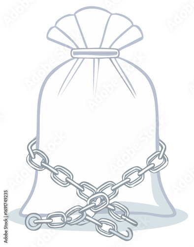 Secured Sack Illustration: Bag Tied with Metal Chains, Protection Concept