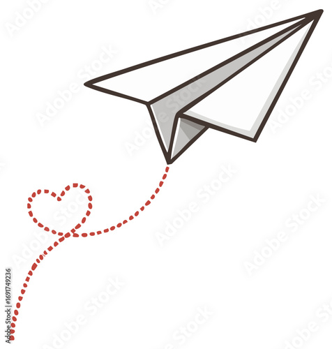 Paper Airplane Flying with a Dotted Heart-Shaped Trail, symbolizing Love, Sending Messages and Travel