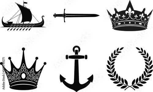 Collection of royal symbols ancient ship crown sword anchor laurel wreath icons
