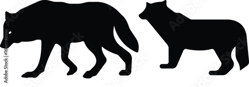 Art & IllustrationWolf icon set.Wolf silhouette icon set. Howling predator sign. Wild canine animal symbol. Vector illustration.A sleek of wolf standing, captured against a clean.Wolf standing, in bla