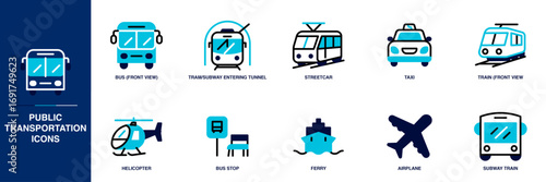 Public Transportation Blue Colored Outline Icon Set