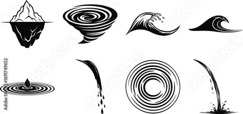 Collection of stylized water elements including iceberg wave tornado and waterfall graphics

