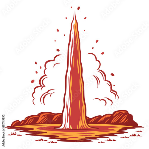 Illustration of a geyser erupting with hot water and steam Keywords: geyser, eruption, hot water