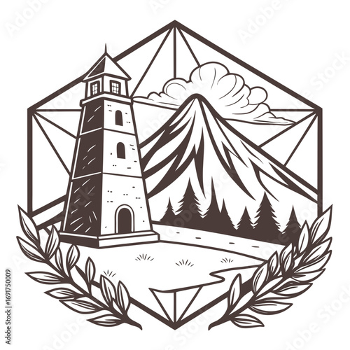 Lighthouse Mountain Forest and Laurel Wreath Emblem Keywords: lighthouse, mountain, forest, trees