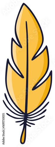 Simple hand-drawn yellow feather illustration in cute cartoon doodle style for design