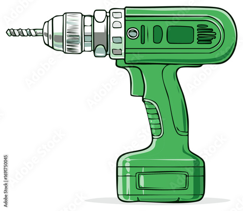 Green Cordless Power Drill with Drill Bit Isolated on White