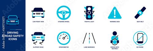 Driving and Road Safety Blue Colored Outline Icon Set