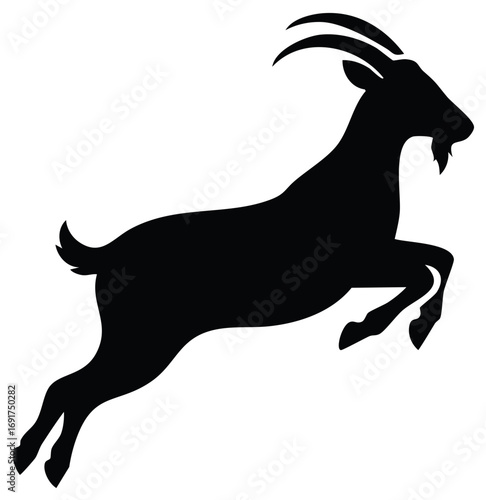 Black Silhouette of a Leaping Goat with Horns and Beard Jumping Forward Aggressively
