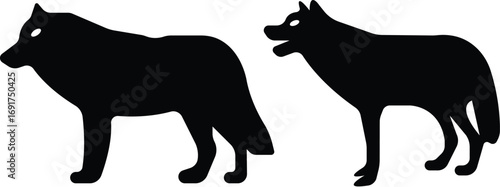 Art & IllustrationWolf icon set.Wolf silhouette icon set. Howling predator sign. Wild canine animal symbol. Vector illustration.A sleek of wolf standing, captured against a clean.Wolf standing, in bla