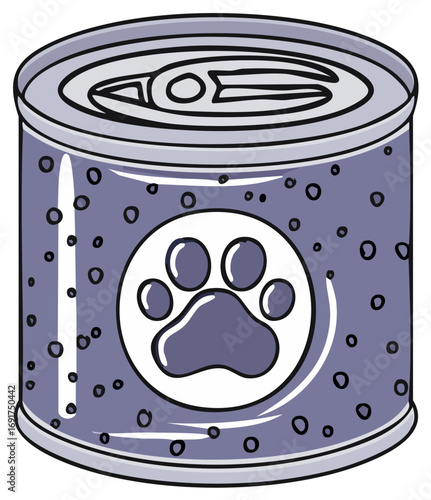 Illustration of a can of pet food featuring a paw print logo on a textured purple background.