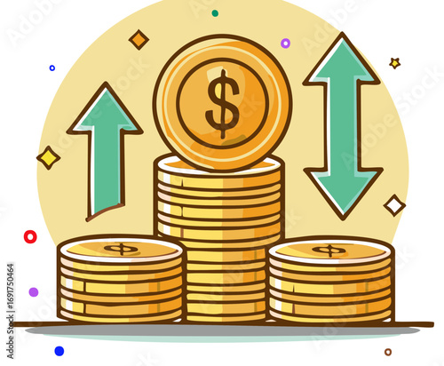 Golden dollar coin stacks with rising and fluctuating arrows illustrate financial growth and exchange
