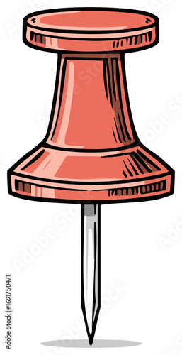 Hand drawn illustration of a single red thumbtack office supply