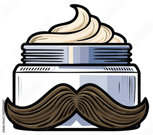 Stylized illustration of a grooming cream jar with a traditional mustache for male personal care products
