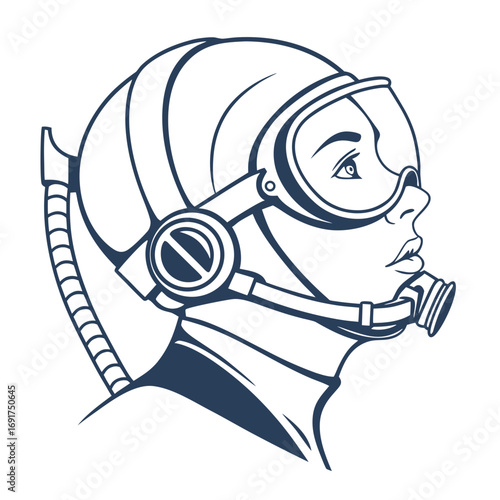 Profile silhouette of female astronaut wearing helmet and mask on white background Keywords