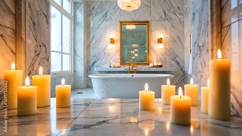 Luxury marble bathroom spa sanctuary with glowing candles and freestanding bathtub
