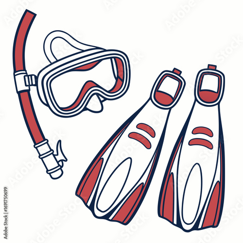 Red and Blue Snorkel Mask Fins and Tube Set Keywords: snorkeling, mask, snorkel, fins, diving