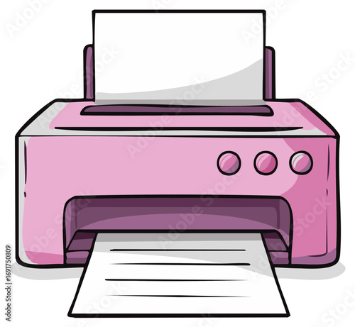 Stylized Pink Printer Printing Documents for Home or Office Use Hand Drawn Illustration