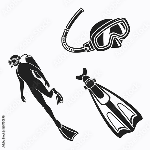 Scuba diving equipment and diver silhouette on white background snorkel mask