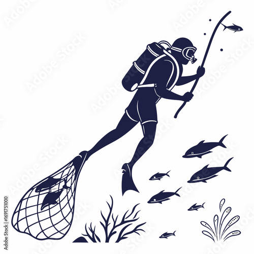 Silhouette Diver Catching Fish with Net Underwater Scene Keywords: diver, silhouette, scuba diving