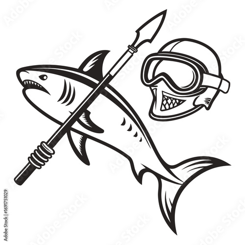 Shark with speargun and diving mask illustration marine animal
