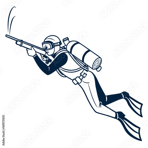 Silhouette Diver with Speargun Underwater Scene Keywords: diver, silhouette, scuba diving