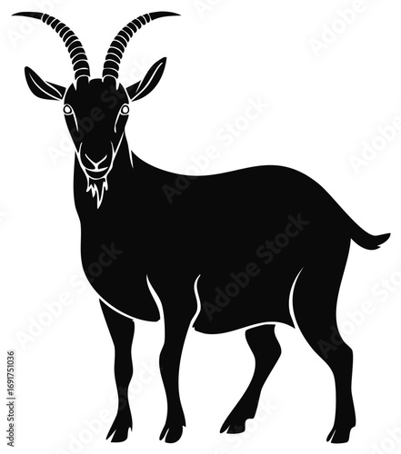 Black goat silhouette with prominent curled horns, beard, and detailed hooves standing on a white background