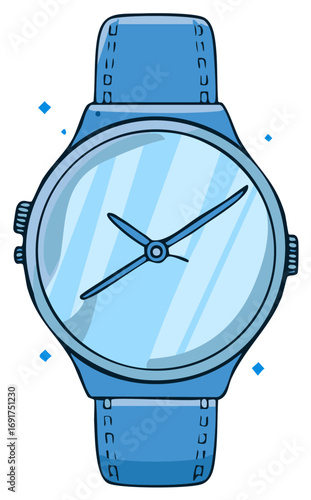 Stylized Wristwatch Illustration with Blue Strap and Hands Indicating Time, isolated