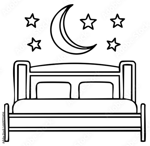 Doodle style illustration of a bed beneath a crescent moon and stars, conveying a restful atmosphere and peaceful bedtime concept