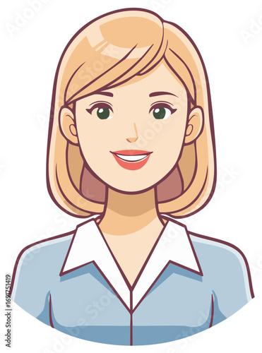 Friendly blonde woman smiling wearing a blue blouse and white collar cartoon portrait