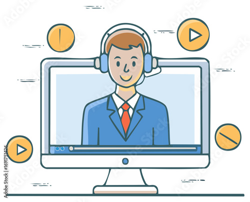 Man wearing headset on a computer screen. Online support or assistance concept.