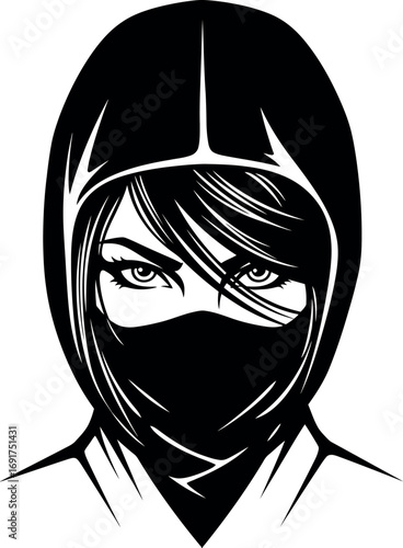 Intense and determined eyes of a mysterious female ninja warrior in a full face mask, a striking monochrome vector illustration for design projects.