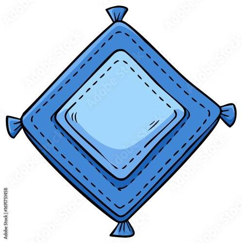 Cute Blue Pillow Illustration with Stitched Edges and Bows, Comfort and Relaxation