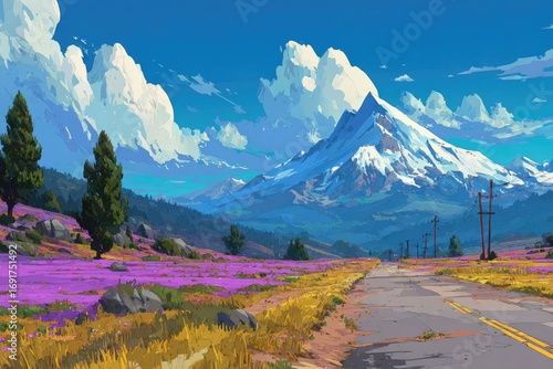 Vast, colorful landscape with mountain, road, and flowers