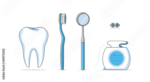 Dental care tools and a tooth illustration.